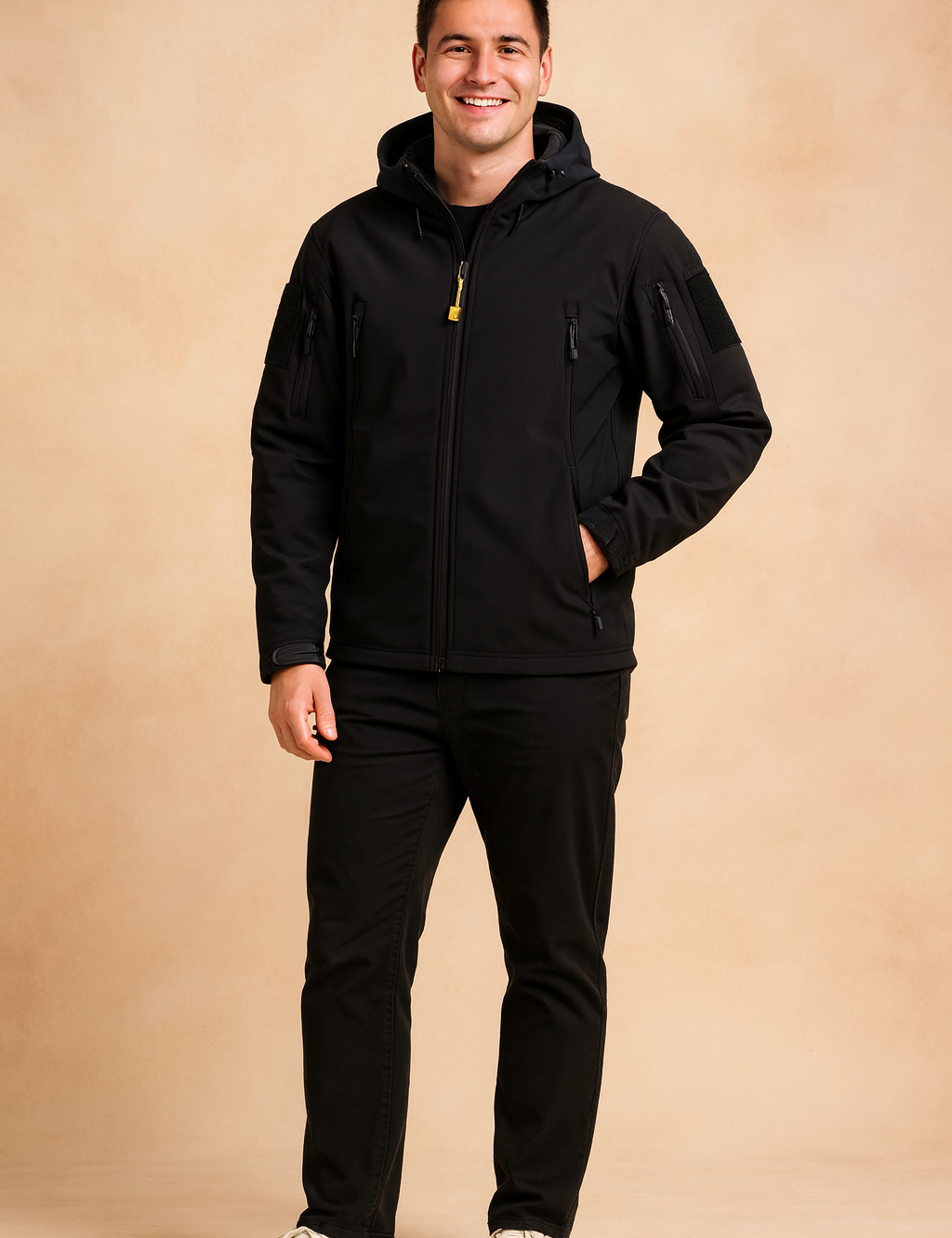 Men’s black tactical hooded jacket with multiple zipper pockets, adjustable cuffs, and utility details, designed for casual outdoor and urban wear.