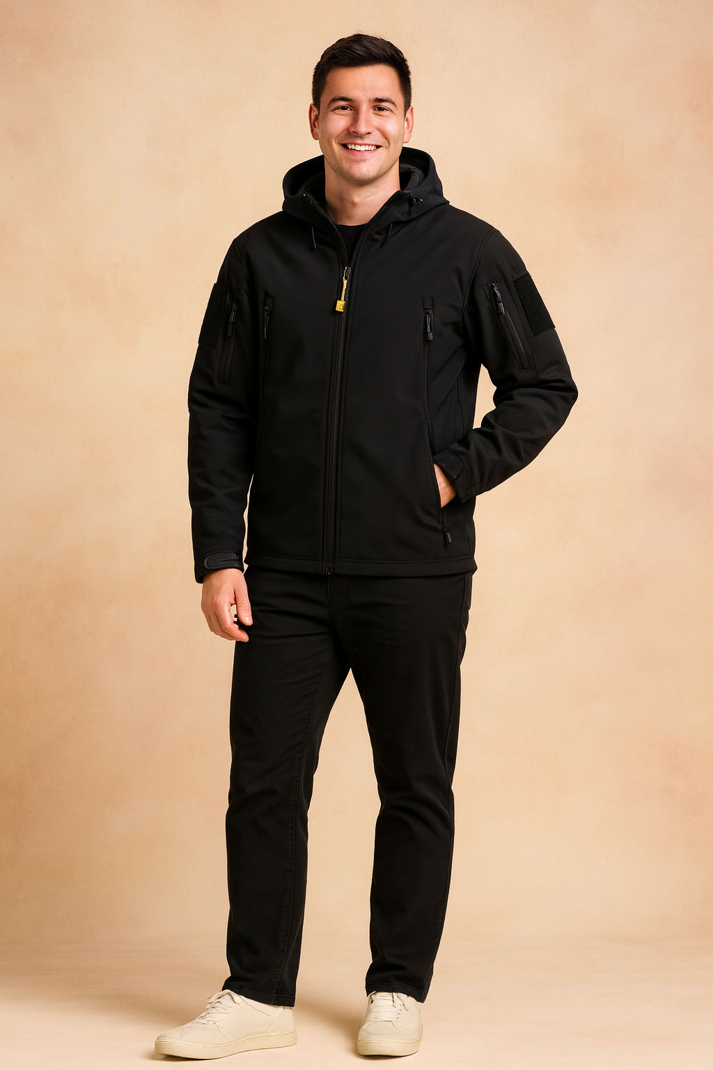 Men’s black tactical hooded jacket with multiple zipper pockets, adjustable cuffs, and utility details, designed for casual outdoor and urban wear.