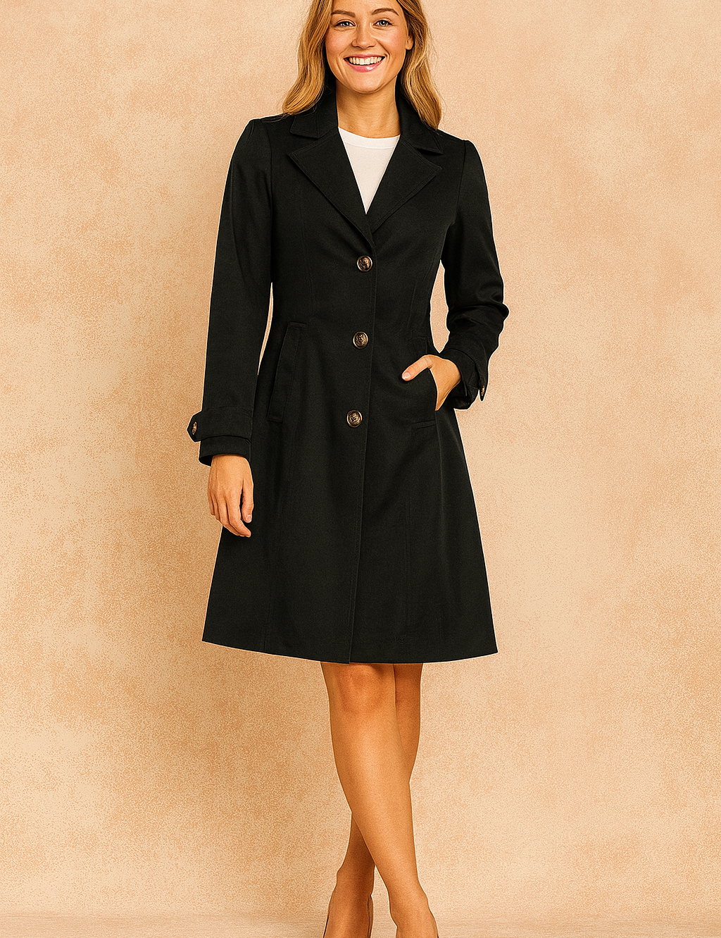 Black tailored coat with notch lapels, button closure, and flap pockets, styled with beige pumps and a white top.