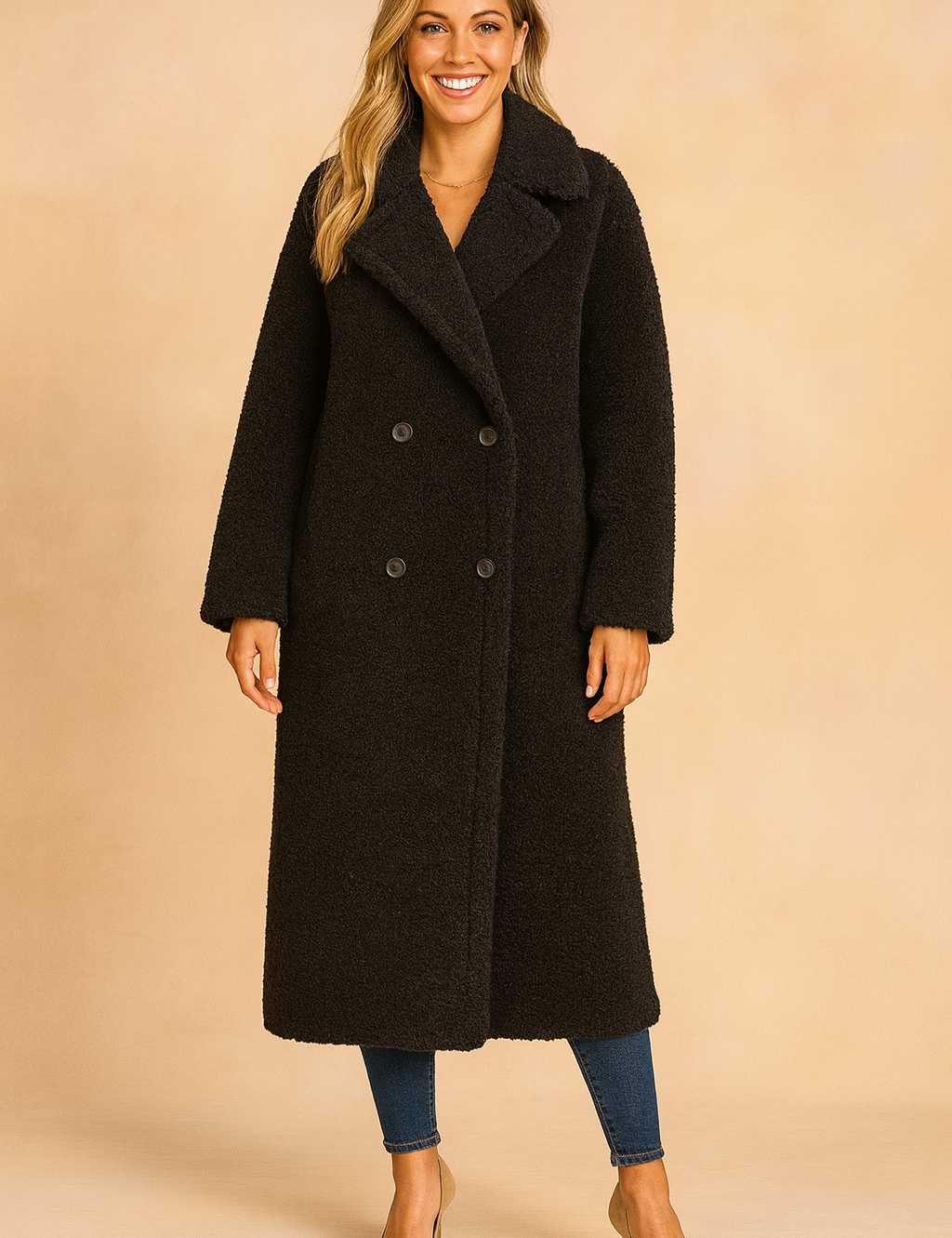 Long black teddy-texture double-breasted coat with wide lapels, paired with fitted jeans and beige heels.