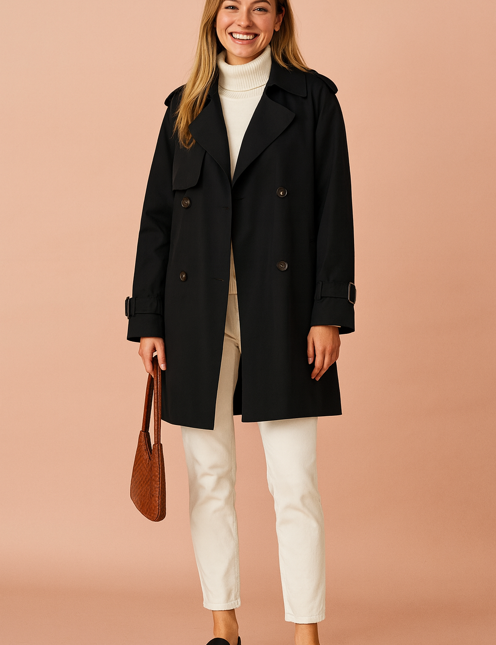 Black double-breasted trench coat with structured lapels and button front styled over a cream turtleneck and white trousers.