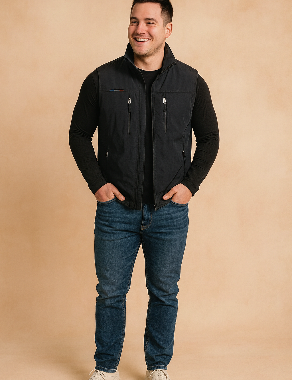 Black outdoor utility vest with multiple zipper pockets, high collar, and lightweight water-resistant fabric, styled for casual wear.