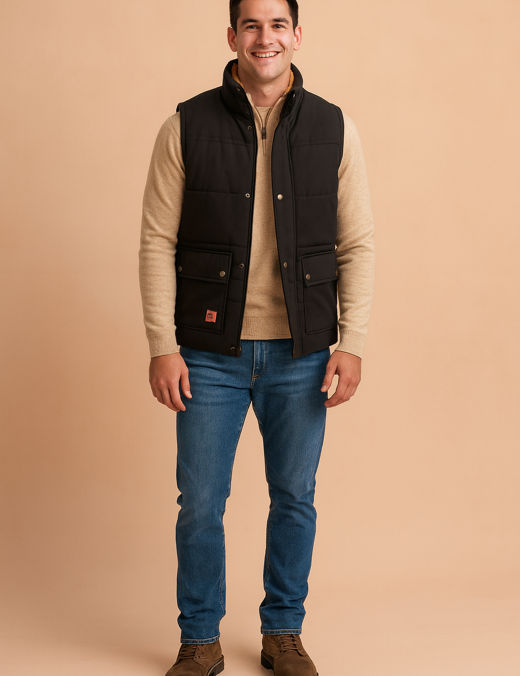 Black padded vest with faux fur lining, snap-button closure, and front flap pockets, styled over a beige sweater with blue jeans for a casual winter-ready outfit.