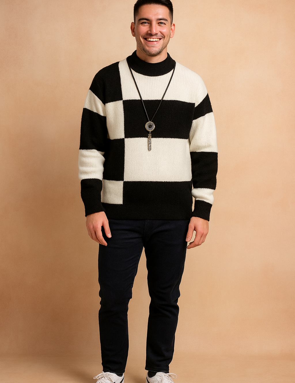 Stylish black and white checkered knit sweater with bold geometric pattern, long sleeves, and ribbed cuffs and hem for a modern winter look