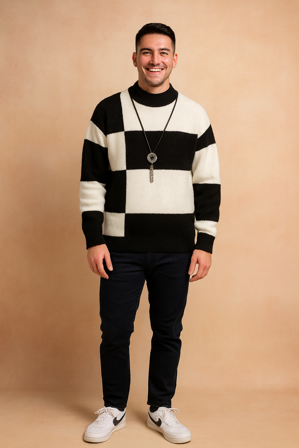 Stylish black and white checkered knit sweater with bold geometric pattern, long sleeves, and ribbed cuffs and hem for a modern winter look