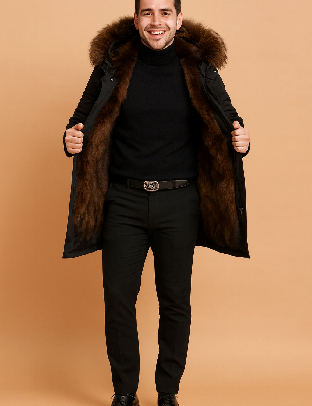 Luxurious black winter coat with rich brown fur lining, paired with a sleek black turtleneck and tailored black trousers, styled for an elegant winter look.