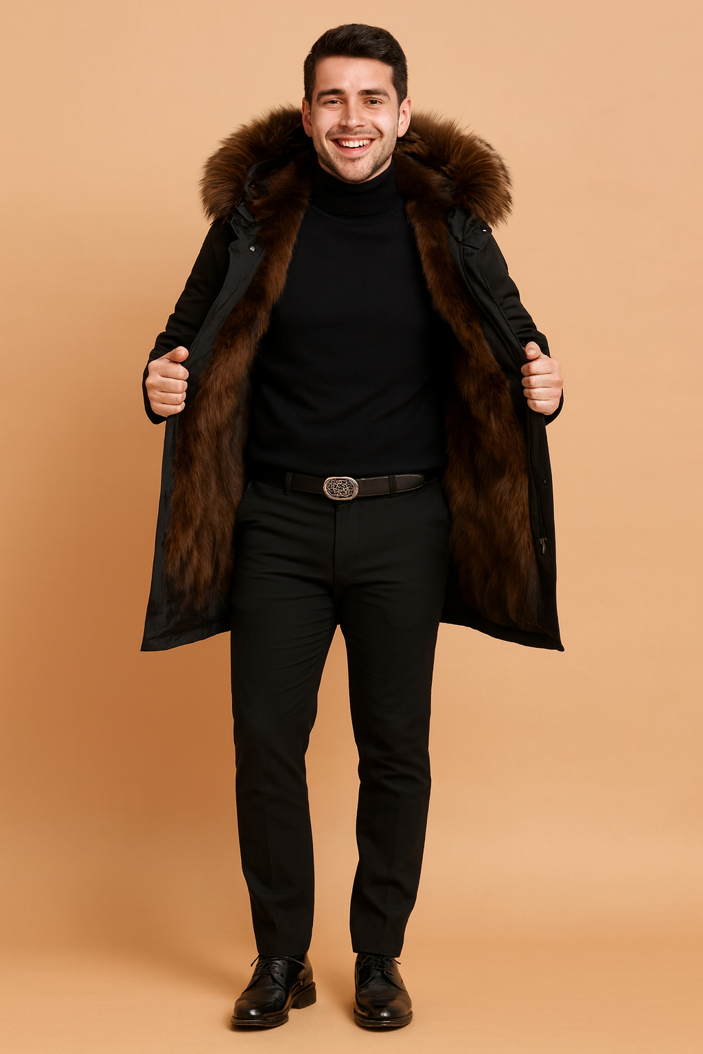 Luxurious black winter coat with rich brown fur lining, paired with a sleek black turtleneck and tailored black trousers, styled for an elegant winter look.