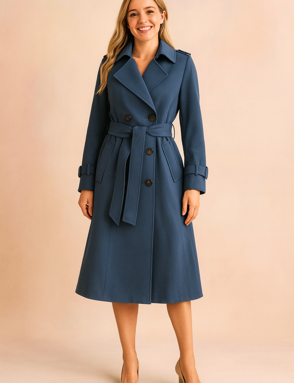 Blue double-breasted trench coat with belt, epaulets, and cuff straps, styled with beige heels for a classic polished look.