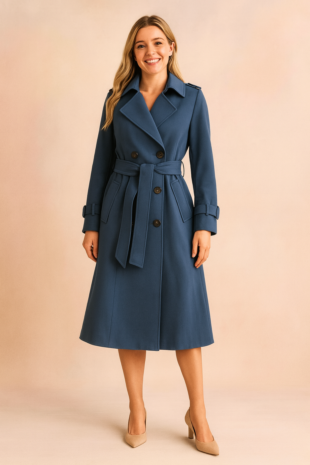 Blue double-breasted trench coat with belt, epaulets, and cuff straps, styled with beige heels for a classic polished look.