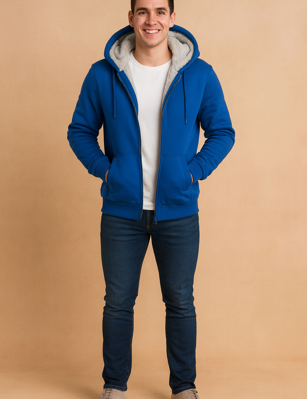 Men’s fleece-lined blue hooded jacket with zip closure, ribbed cuffs, and side pockets, designed for warmth and comfort in winter wear.