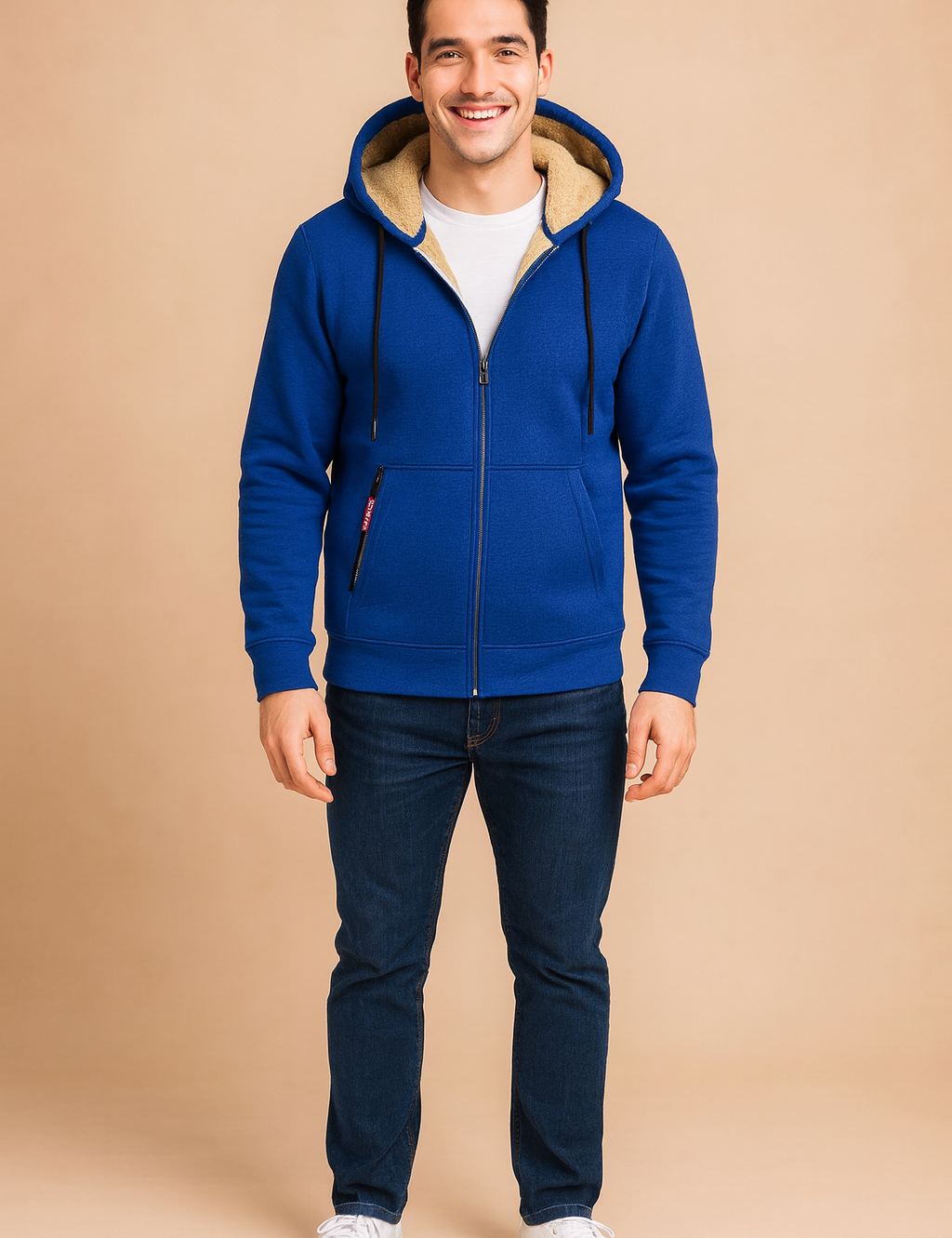 Blue fleece-lined zip-up hoodie jacket with beige faux fur interior, black drawstrings, and zippered pockets, styled with casual jeans and white sneakers.