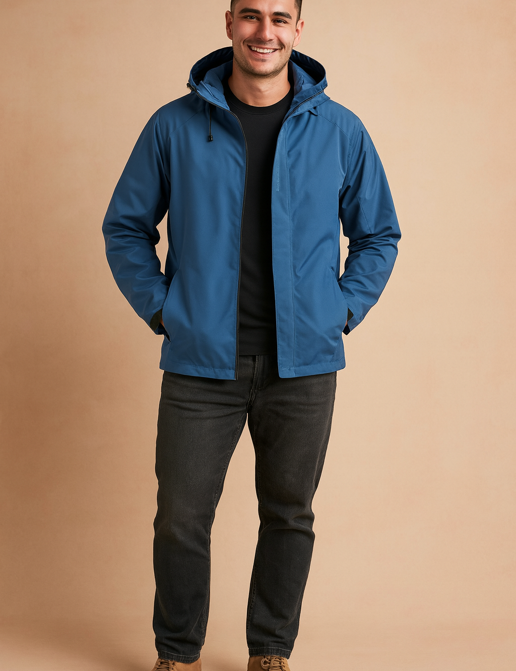 Men’s waterproof blue hooded jacket with zip closure, adjustable drawstrings, and sleek modern fit, ideal for casual wear and outdoor activities.