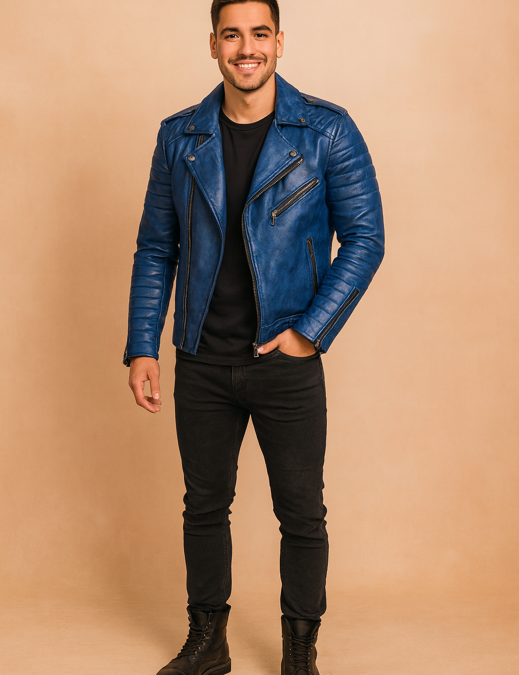 Blue leather biker jacket for men with quilted sleeves, zip-up closure, metallic button details, and fitted modern cut, styled for casual and streetwear fashion.