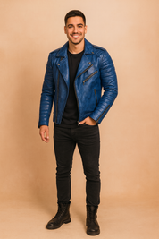 Blue leather biker jacket for men with quilted sleeves, zip-up closure, metallic button details, and fitted modern cut, styled for casual and streetwear fashion.