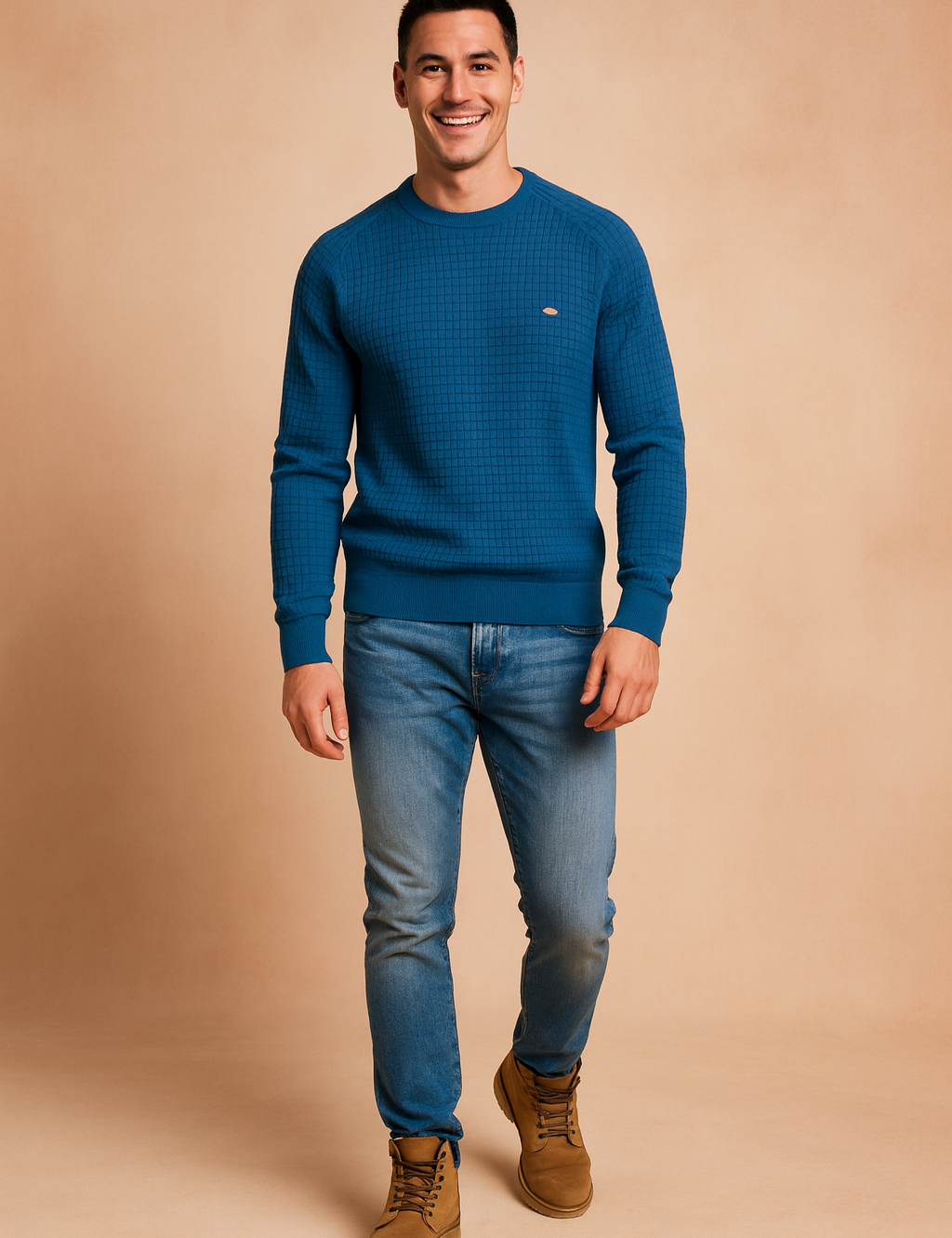 Blue textured knit sweater for men with round neckline and slim fit, paired with casual jeans and tan boots
