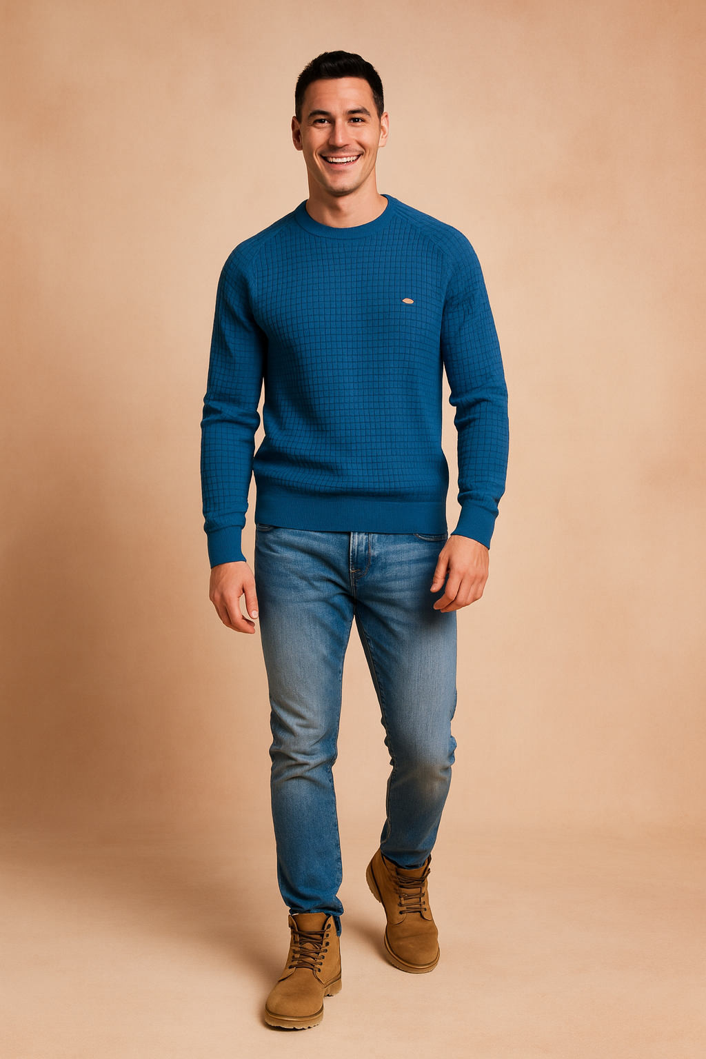 Blue textured knit sweater for men with round neckline and slim fit, paired with casual jeans and tan boots