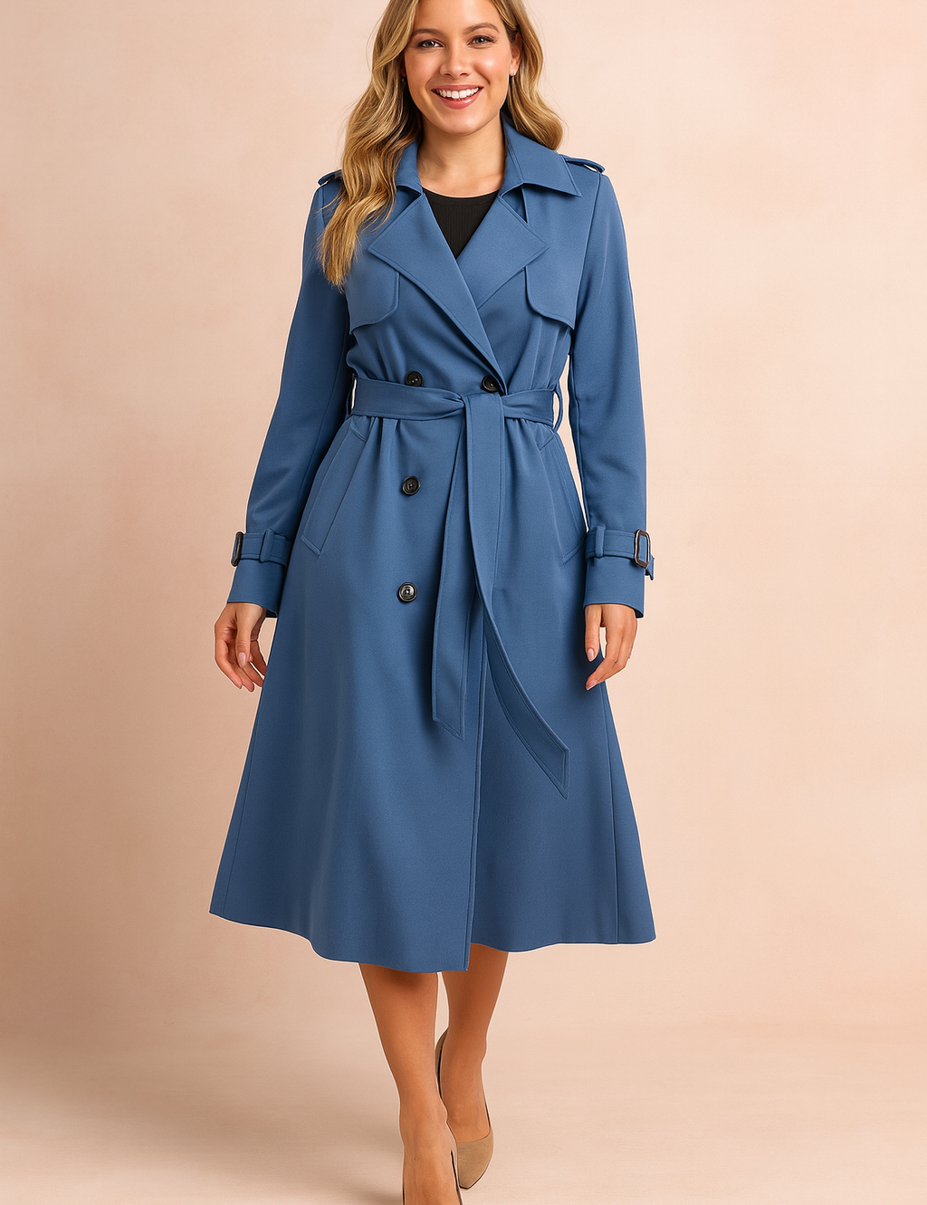 Blue double-breasted trench coat with belt, epaulets, and adjustable cuffs, paired with neutral pumps.