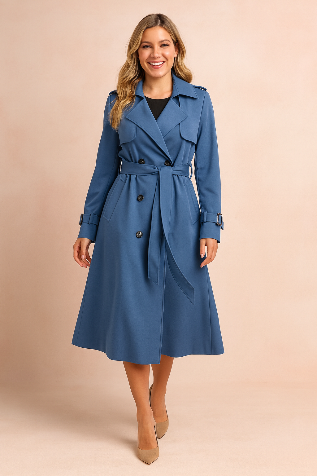 Blue double-breasted trench coat with belt, epaulets, and adjustable cuffs, paired with neutral pumps.