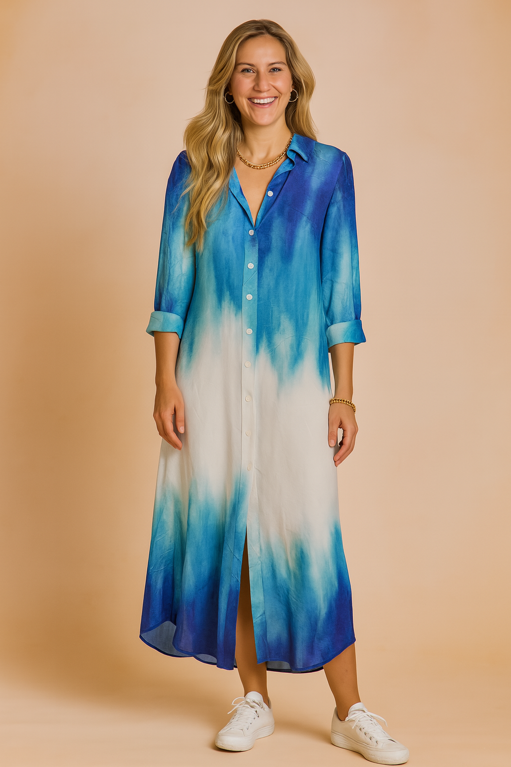  Button-down dip-dye midi dress featuring a collared neckline, rolled-up sleeves, and a fluid A-line silhouette, blending vibrant cobalt blue into soft ivory with a precise vertical gradient finish.