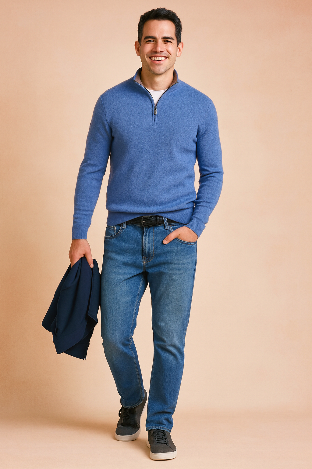 Men’s casual blue zip-neck sweater with ribbed cuffs and hem, paired with straight-fit blue jeans and dark grey sneakers, designed for a modern and comfortable everyday style.