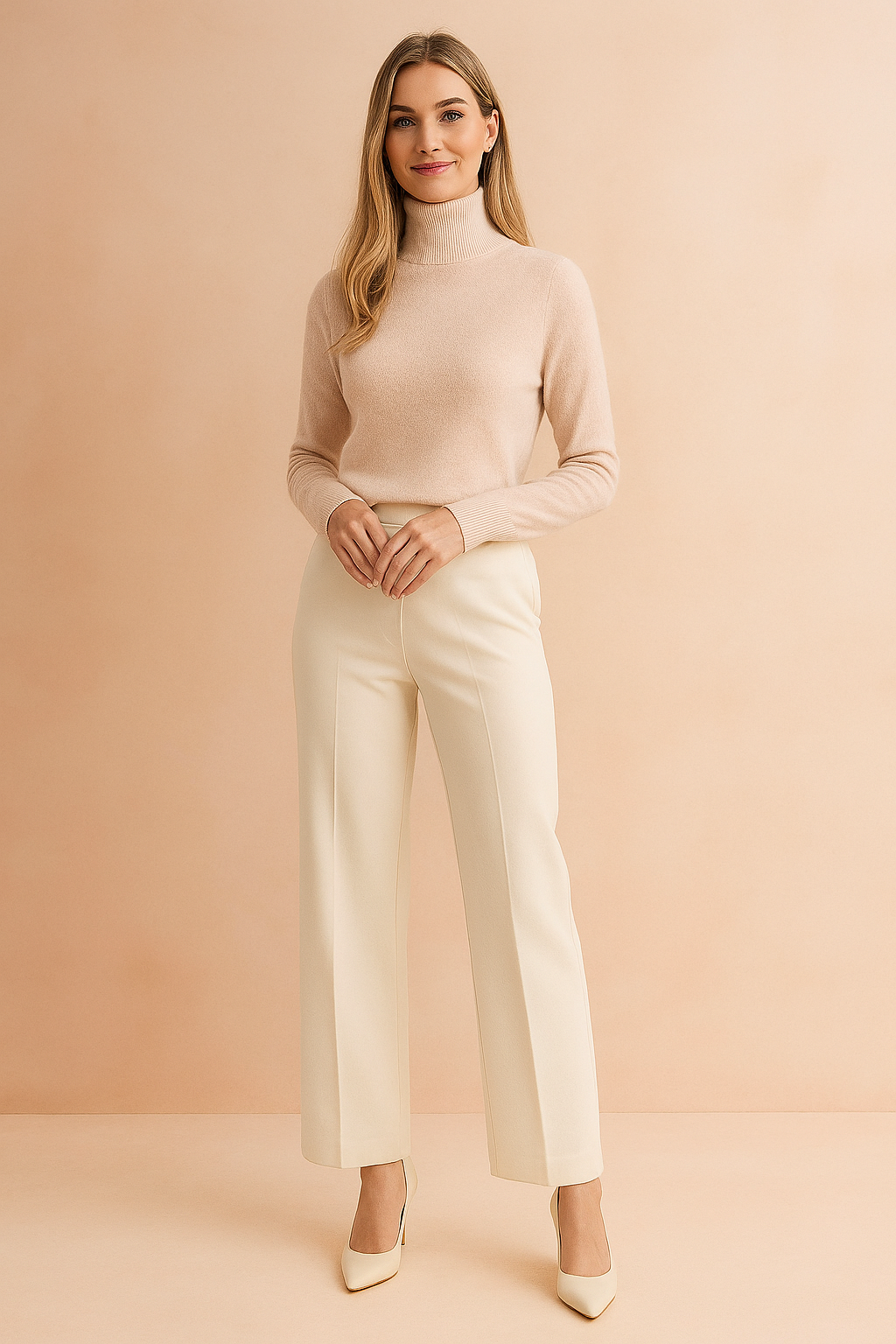 Soft blush beige fitted knit turtleneck sweater with ribbed collar and cuffs, styled with ivory wide-leg trousers and matching heels.