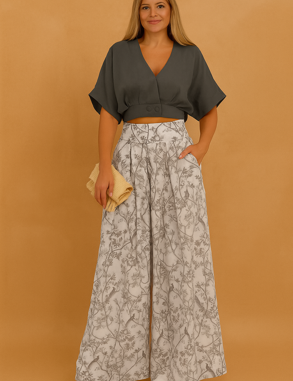 Cropped charcoal blouse with wide sleeves paired with high-waisted wide-leg trousers in white, printed with intricate grey botanical patterns, styled with white heeled sandals and a woven beige clutch.