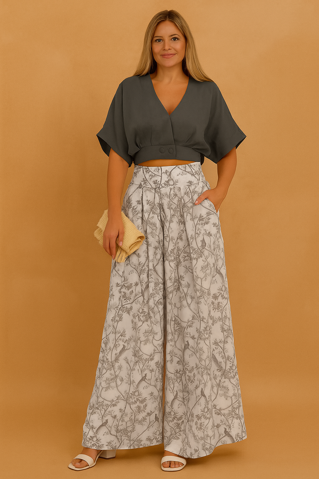 Cropped charcoal blouse with wide sleeves paired with high-waisted wide-leg trousers in white, printed with intricate grey botanical patterns, styled with white heeled sandals and a woven beige clutch.