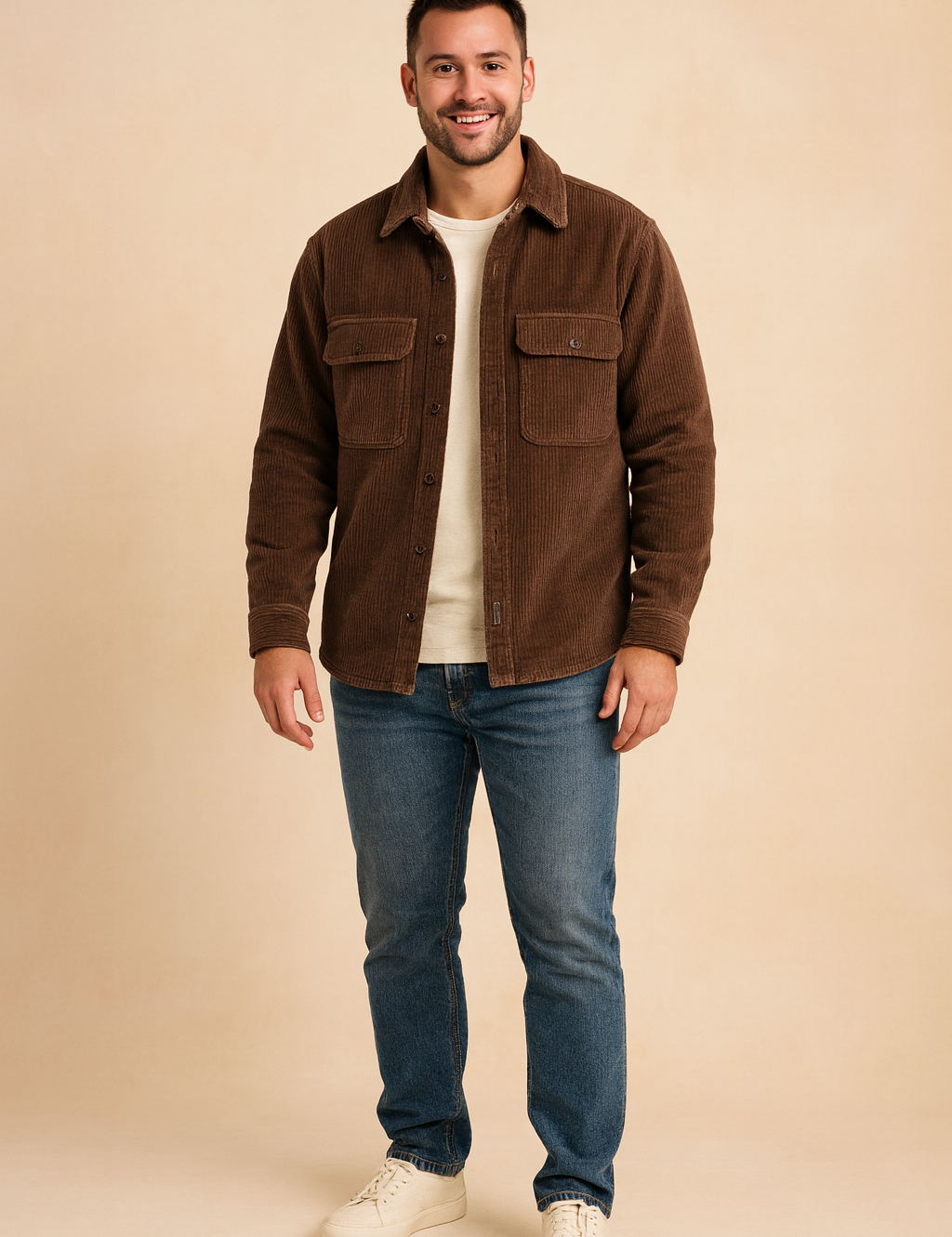 Brown corduroy sherpa-lined jacket with front button closure, chest flap pockets, and straight hem, styled with a cream T-shirt, jeans, and sneakers for a casual look.