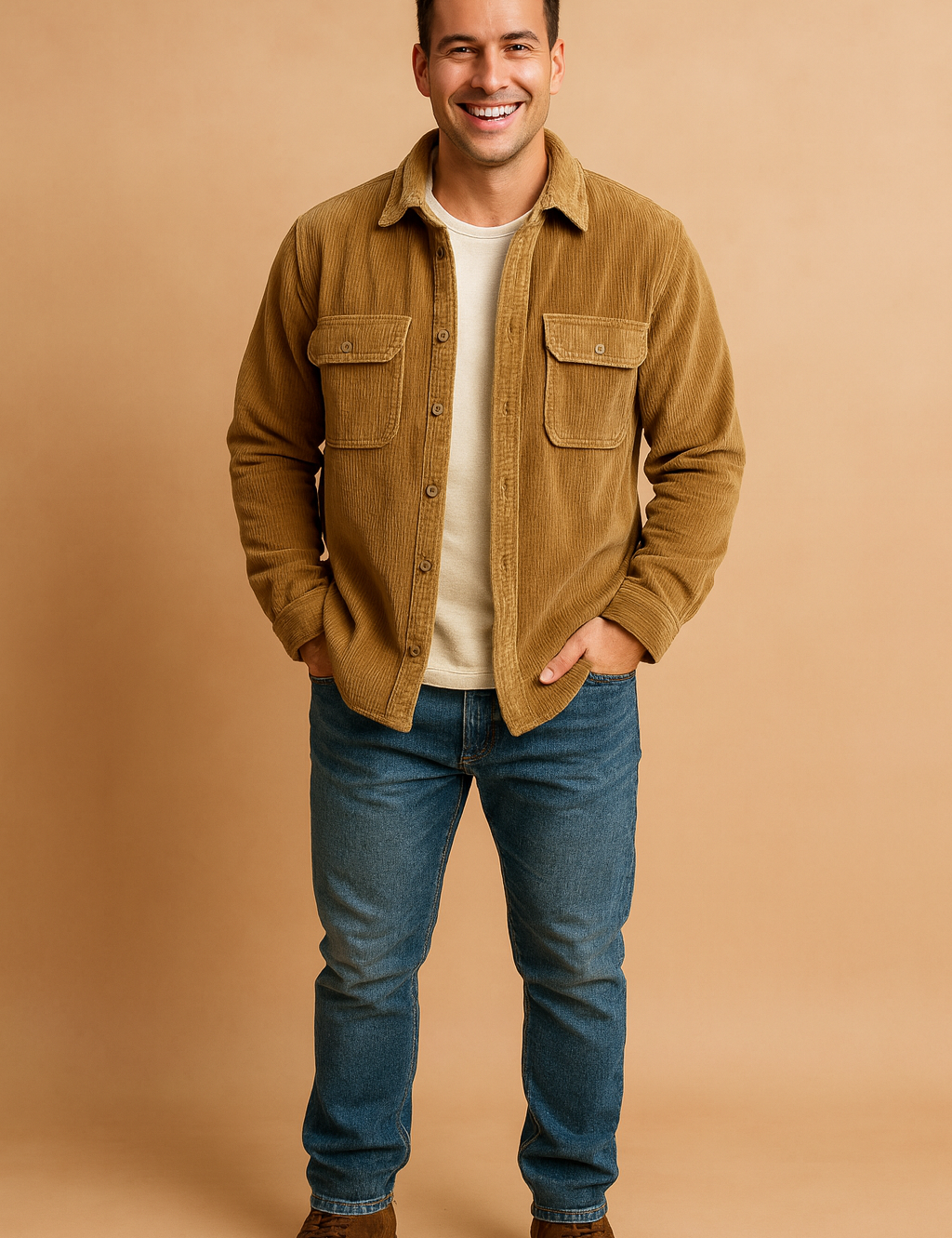 Brown corduroy sherpa-lined jacket with dual chest pockets and button closure, designed with a classic collar and rolled cuffs for a casual yet stylish look.
