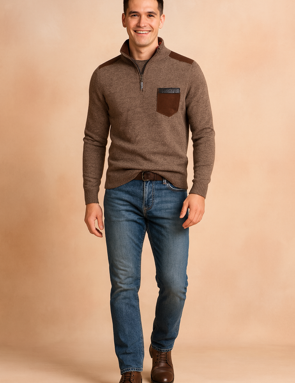 Men's brown knit pullover sweater with half-zip collar, contrasting shoulder accents, and chest pocket, styled with blue jeans and brown leather boots for a casual yet refined look