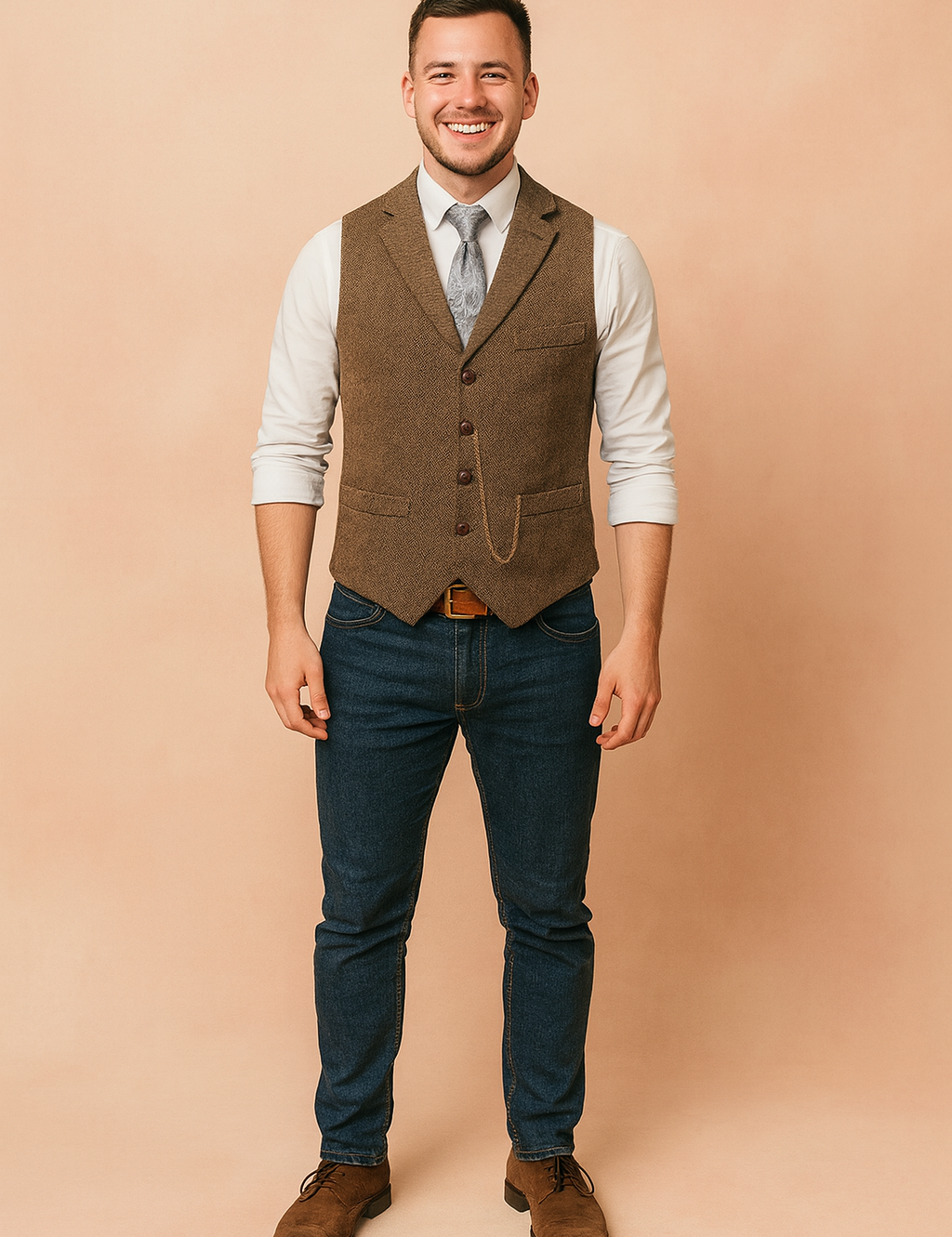 I paid attention to the fabric pattern (herringbone) and the exact details like buttons, pockets, and chain, so the description and filename reflect those precisely.