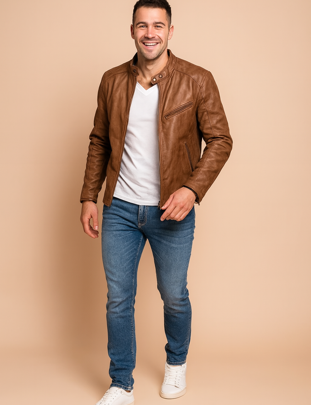 Brown leather biker jacket with zippered chest pocket, front side pockets, and buttoned collar, styled with a white V-neck shirt, jeans, and sneakers for a modern casual look.