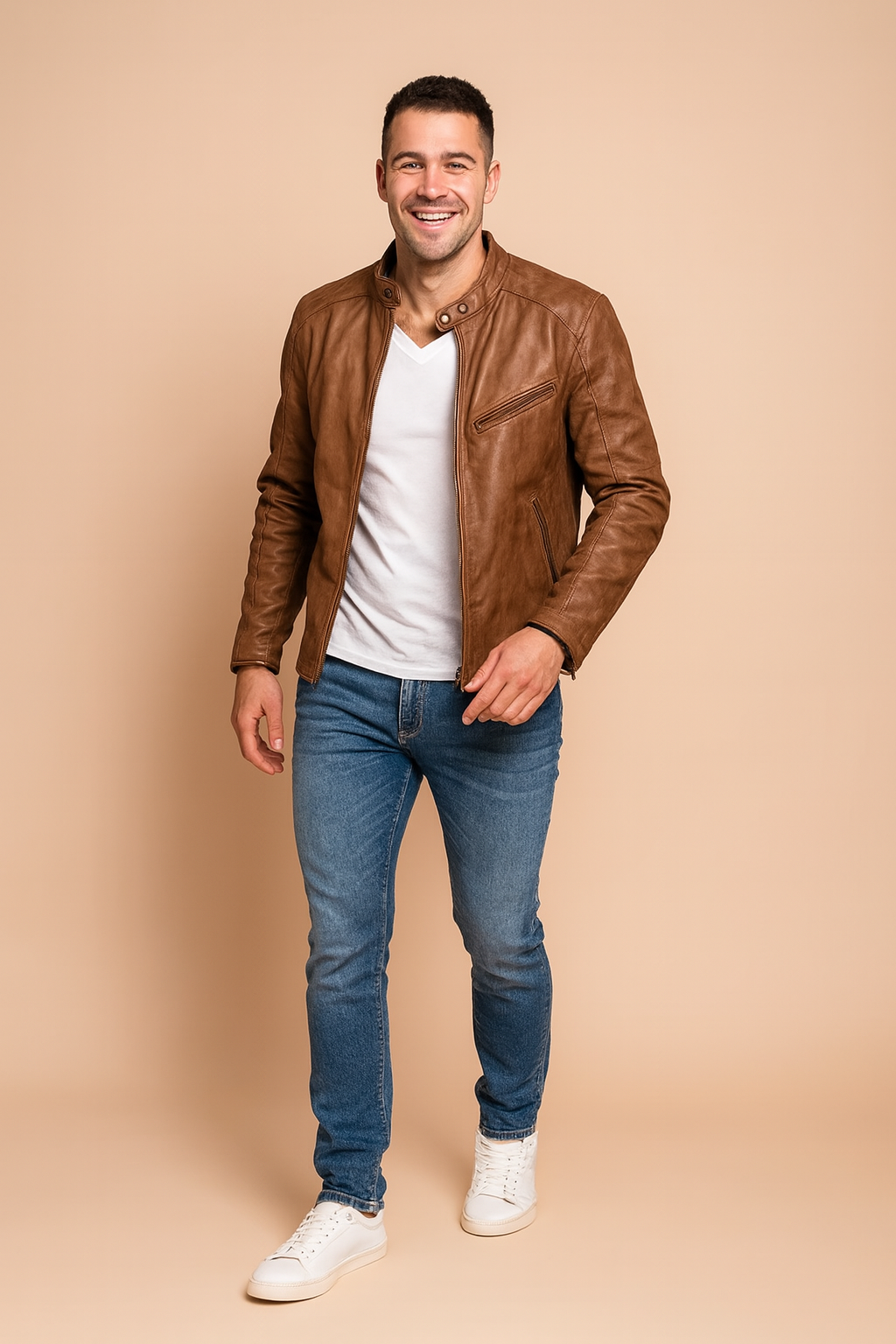Brown leather biker jacket with zippered chest pocket, front side pockets, and buttoned collar, styled with a white V-neck shirt, jeans, and sneakers for a modern casual look.