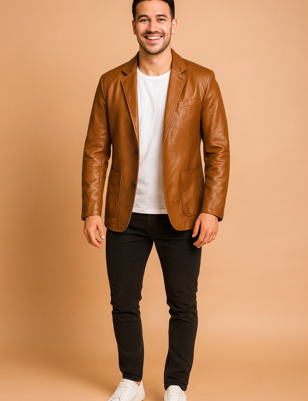 Brown leather blazer for men with a sleek tailored fit, two front flap pockets, chest pocket, and single-breasted button closure, designed for a modern and versatile look.