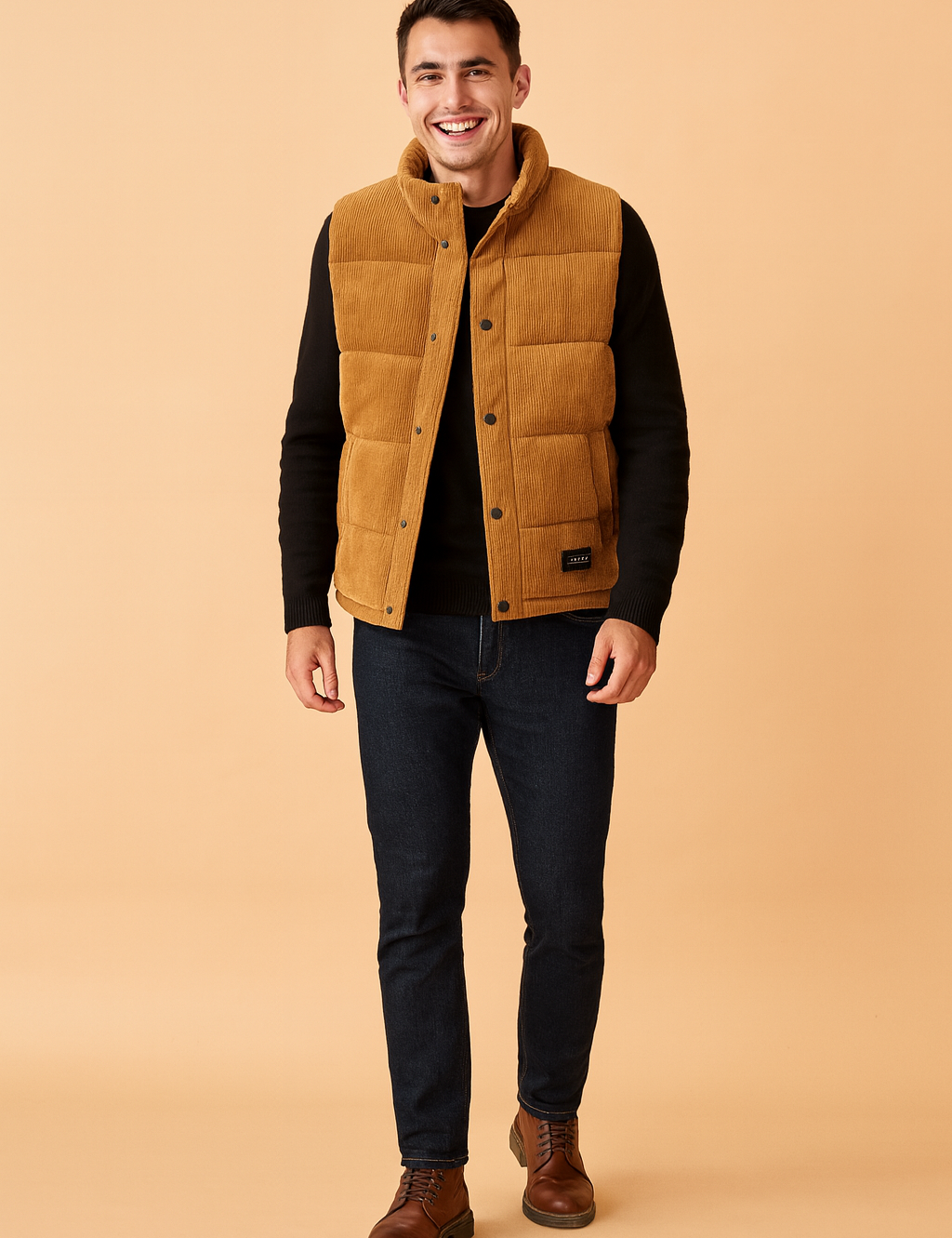 Men’s stylish brown padded winter vest with front snap buttons, quilted design, and practical side pockets, perfect for layering in cold weather.