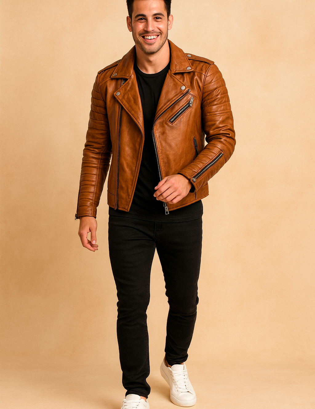 Brown quilted leather biker jacket with asymmetrical zipper closure, quilted sleeves, and metallic snap details, styled with a black T-shirt, slim-fit jeans, and sneakers.