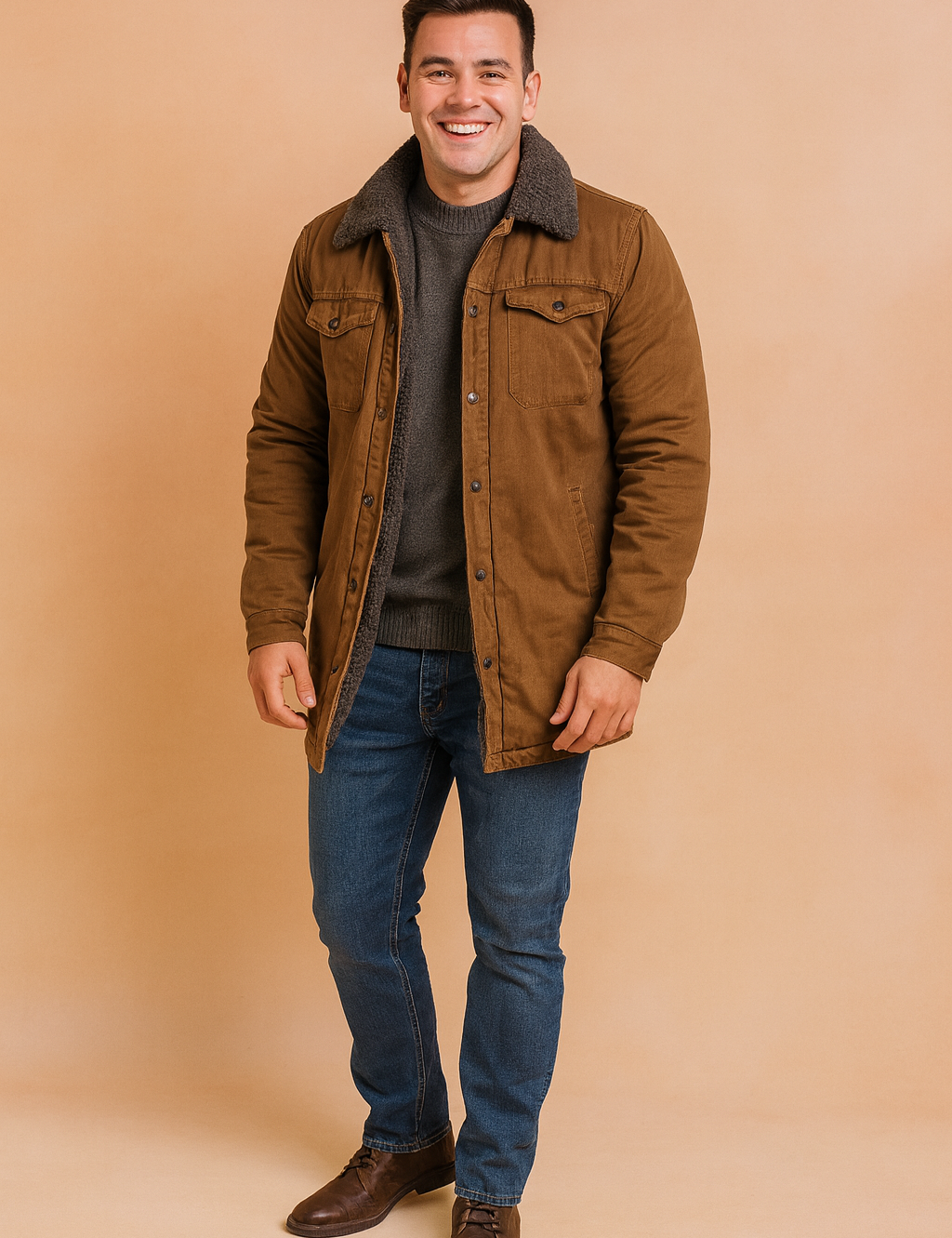 Men’s brown shearling-lined winter jacket with button closure, dual chest pockets, and soft faux fur interior for maximum warmth and comfort. Durable cotton outer fabric ensures a rugged yet stylish look for cold-weather wear.