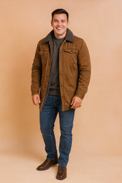 Men’s brown shearling-lined winter jacket with button closure, dual chest pockets, and soft faux fur interior for maximum warmth and comfort. Durable cotton outer fabric ensures a rugged yet stylish look for cold-weather wear.