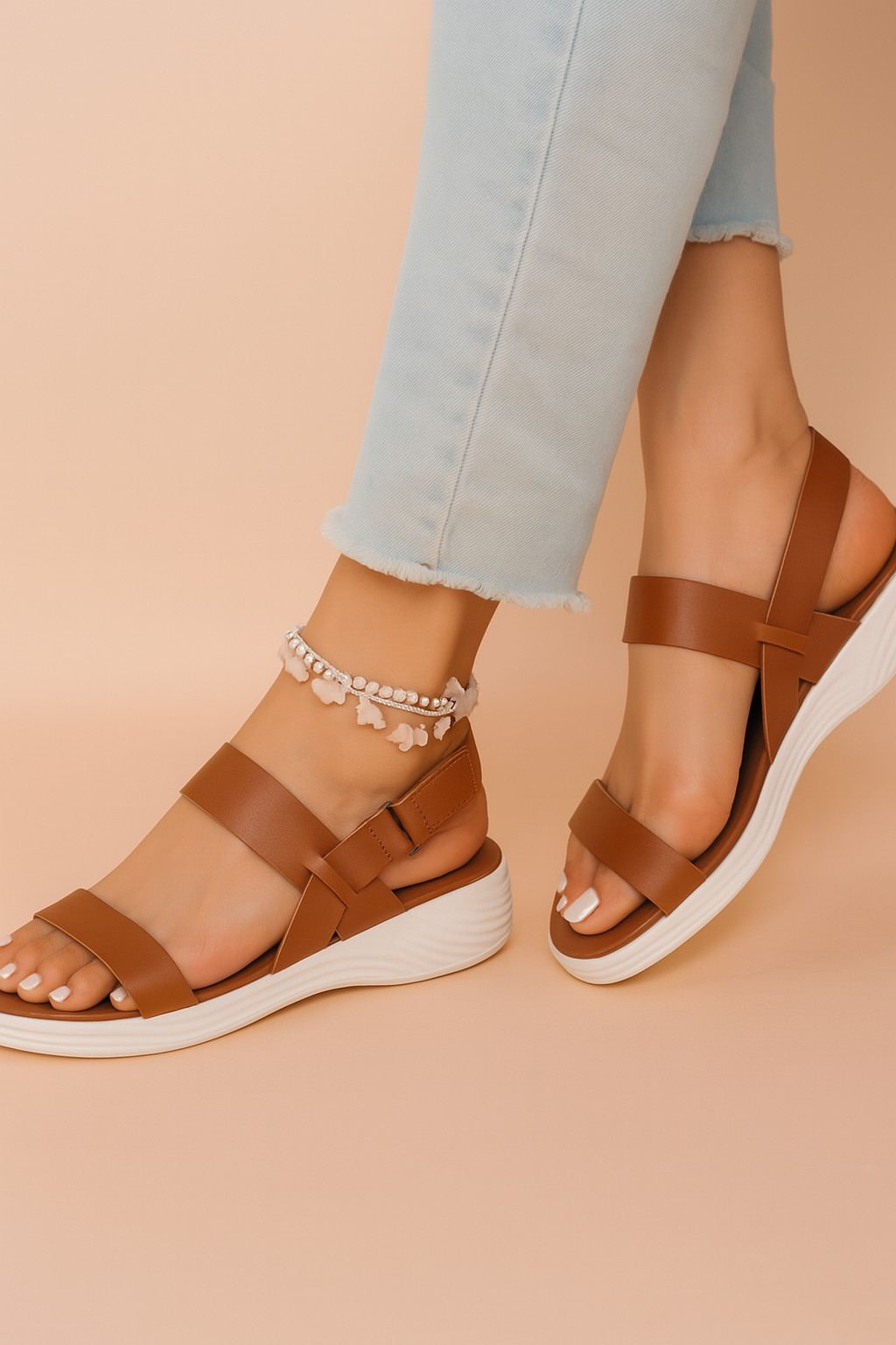 Brown faux leather double-strap sandals with a modern crossover side detail and cushioned white wave sole.