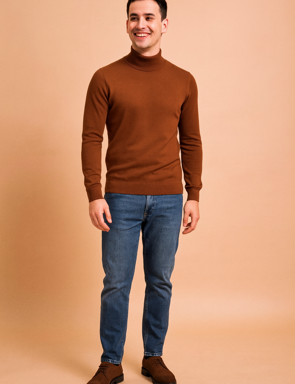 Stylish brown turtleneck sweater for men with ribbed cuffs and hem, designed for a modern slim fit.