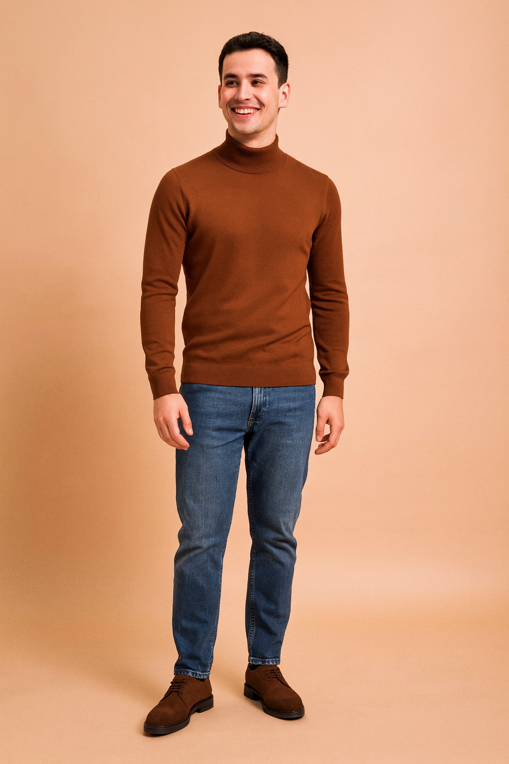 Stylish brown turtleneck sweater for men with ribbed cuffs and hem, designed for a modern slim fit.