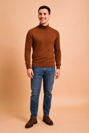 Stylish brown turtleneck sweater for men with ribbed cuffs and hem, designed for a modern slim fit.