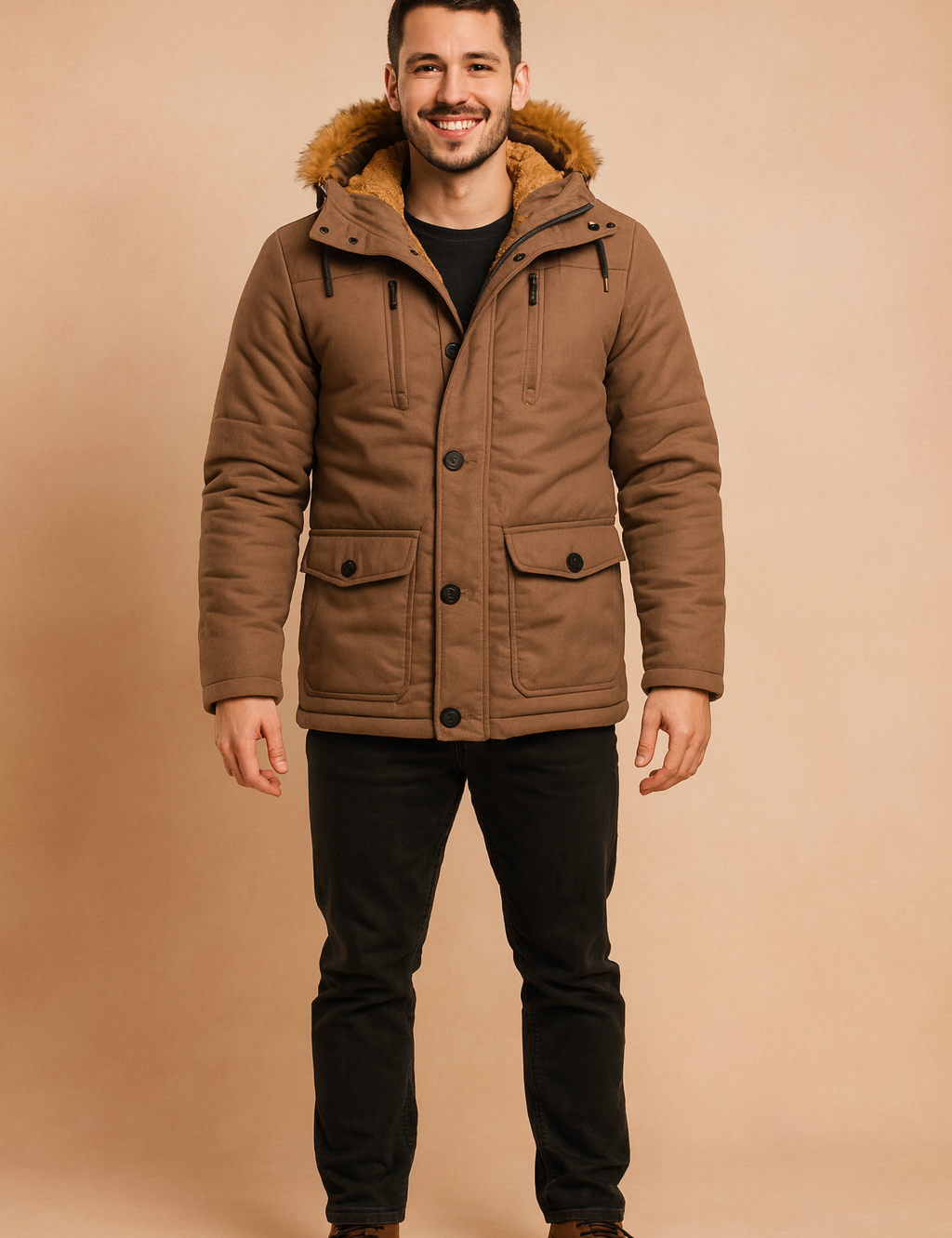 Brown winter jacket with faux fur hood lining, button and zipper closure, multiple front pockets, and quilted design for warmth and comfort