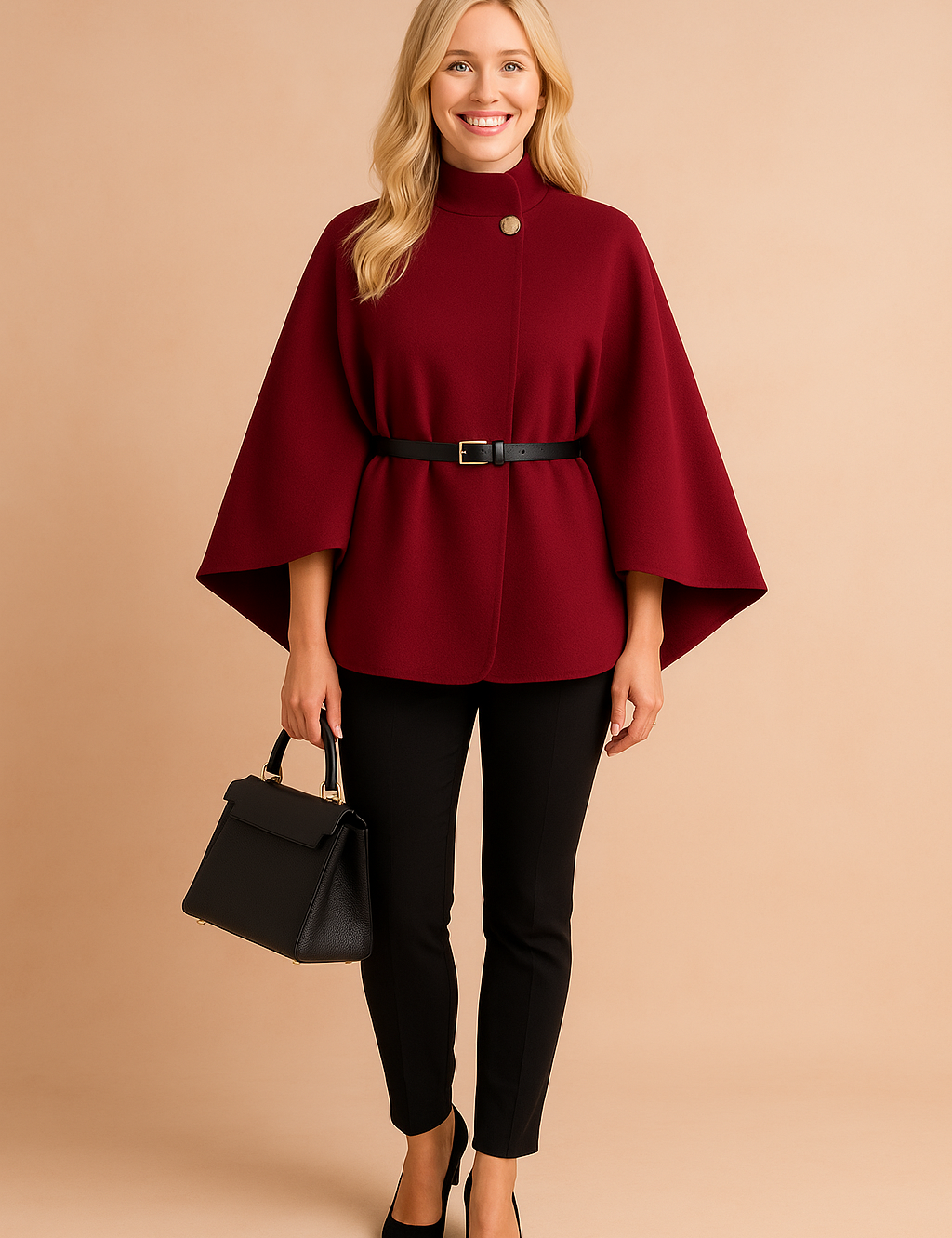 Burgundy cape jacket with belted waist and button detail, styled with black trousers and handbag for a chic modern look.