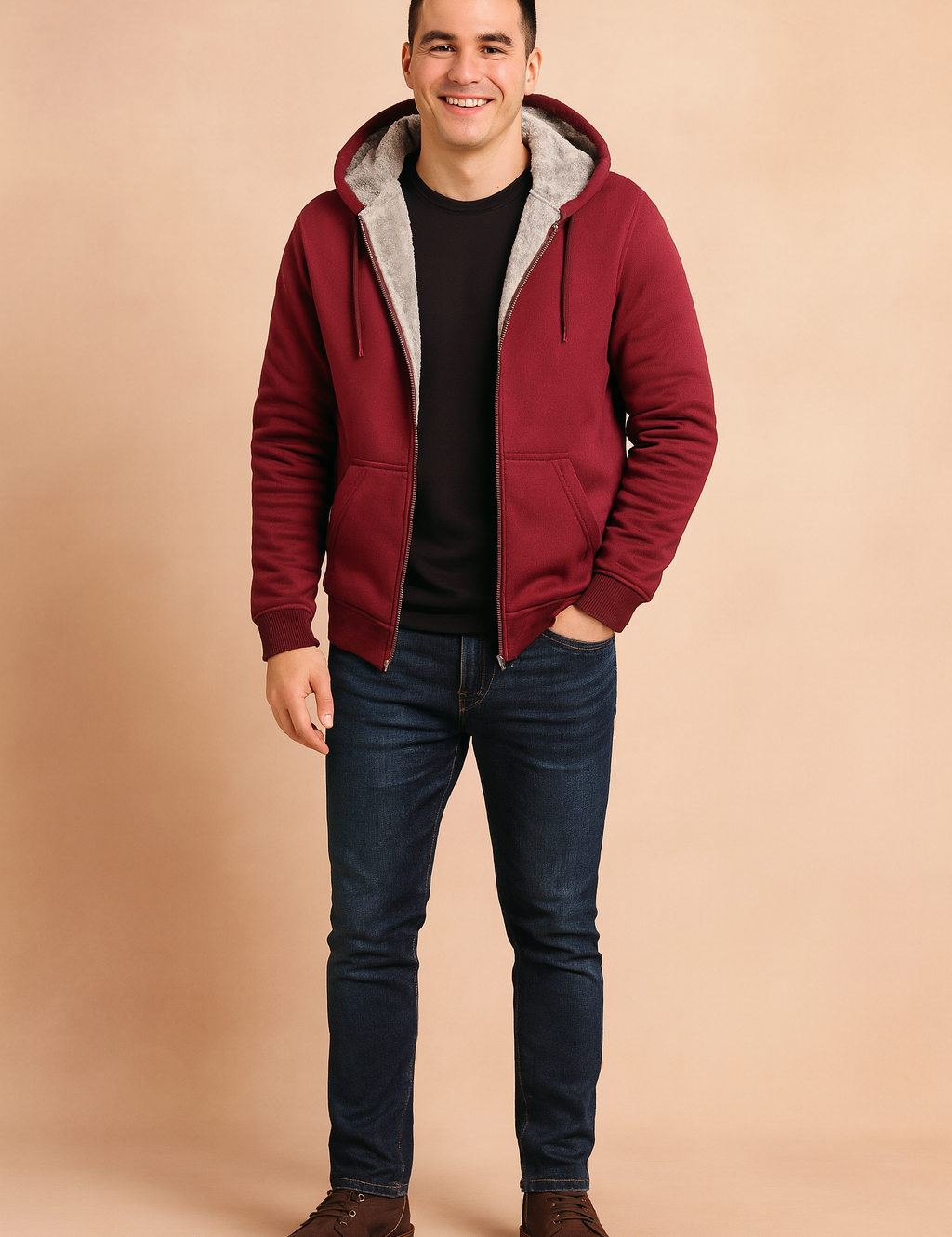 Men's zip-up hoodie in deep burgundy with front kangaroo pockets, adjustable drawstring hood, and soft gray fleece lining—perfect for warm, casual winter layering.