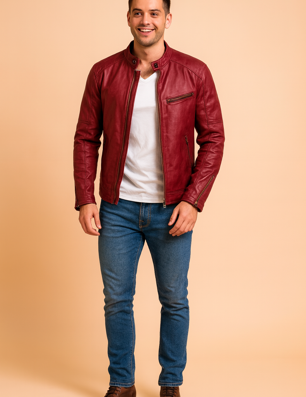 "Men's slim-fit burgundy leather jacket with zippered chest and side pockets, snap-button collar, and detailed stitching for a stylish urban look."