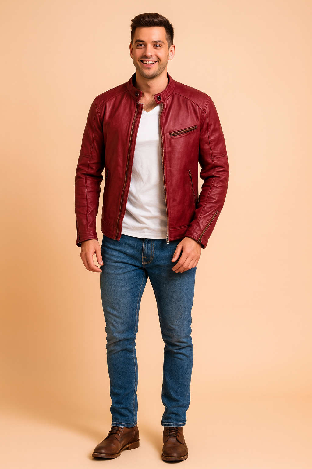 "Men's slim-fit burgundy leather jacket with zippered chest and side pockets, snap-button collar, and detailed stitching for a stylish urban look."