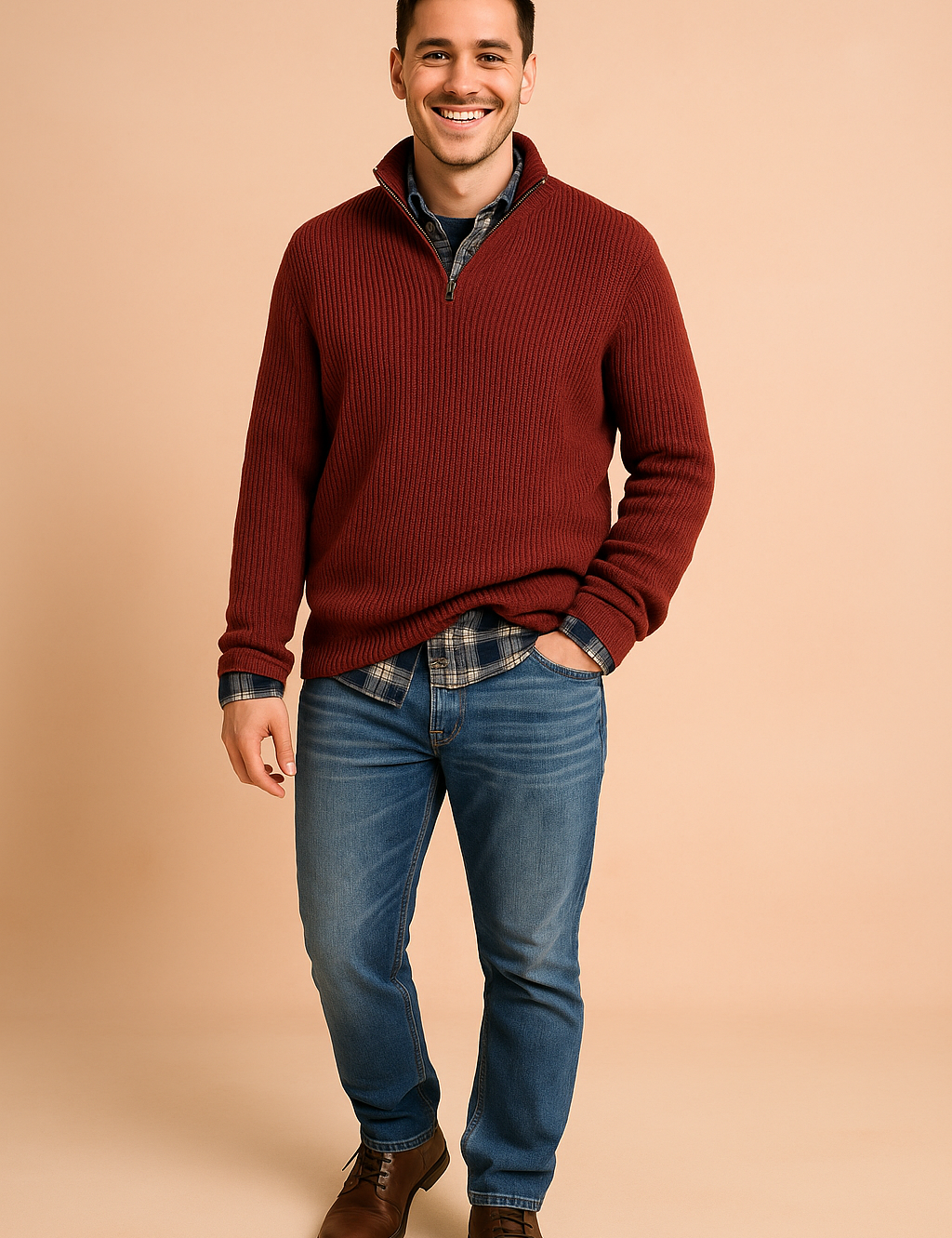 Quarter-zip ribbed sweater in deep burgundy layered over a plaid shirt, styled with classic blue jeans for a warm, casual winter look