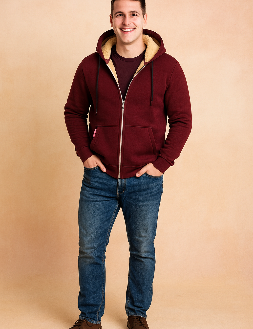 Burgundy sherpa-lined zip hoodie with drawstrings, front split pockets, and cozy cream fleece interior, styled with jeans and brown suede shoes for a casual everyday look.