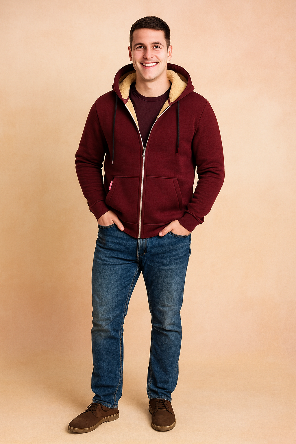 Burgundy sherpa-lined zip hoodie with drawstrings, front split pockets, and cozy cream fleece interior, styled with jeans and brown suede shoes for a casual everyday look.